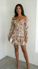 Sorrento Garden Floral Off Shoulder Ruffle Mini Dress - Beige Multi