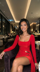 Aloria Square Neck Draped Mini Dress - Red