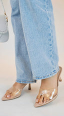 Malina Heeled Mules in Nude close-up of heel and sole detail