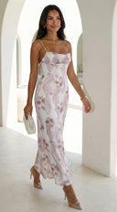 Eliara Floral Fold Over Maxi Dress in Pink fabric drape close-up hemline and silhouette detail