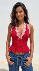 Valette Polka Dot Lace Halter Top - Red