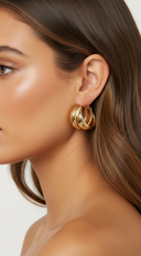Timeless Twine Double Metal Hoop Earrings in Gold on neutral background