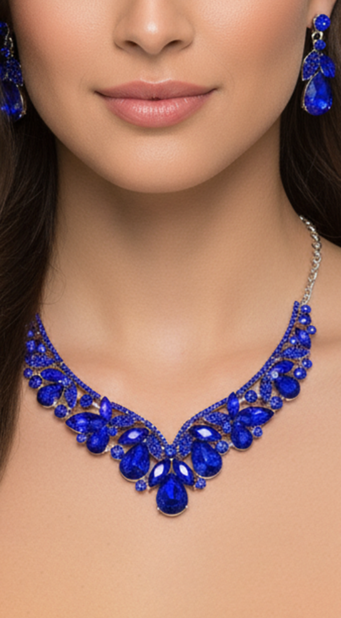 Rare Blue Sapphire Stone Embellished Necklace & Earrings Set