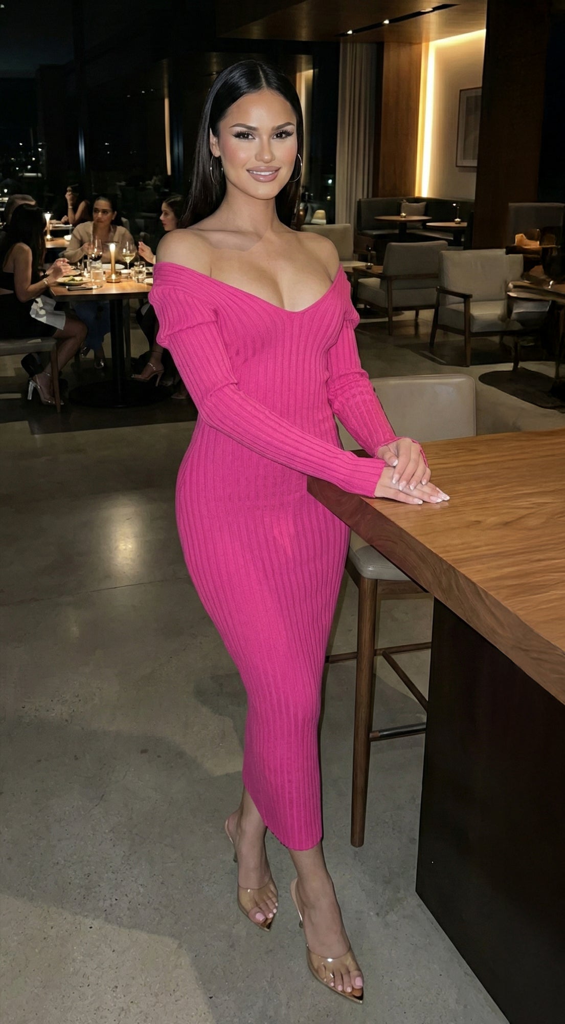 Lio Off Shoulder Ribbed Midi Dress - Pink