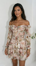 Sorrento Garden Floral Off Shoulder Ruffle Mini Dress - Beige Multi