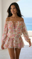 Cyrene Floral Off-Shoulder Mini Dress in Shoulder Mini Dress - Floral Pink close-up of floral print