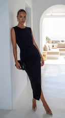 Talyssa Black Wrap Maxi Dress side profile view on model