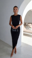 Talyssa Black Wrap Maxi Dress styled outfit flat lay