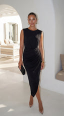 Talyssa Black Wrap Maxi Dress hemline and silhouette detail