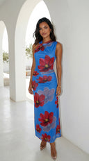 Cielara Floral Twist Neck Maxi Dress - Blue