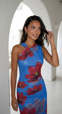 Cielara Floral Twist Neck Maxi Dress - Blue