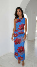 Cielara Floral Twist Neck Maxi Dress - Blue