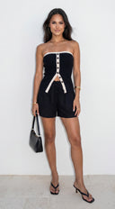 Montera Contrast Button Knit Tube Top - Black