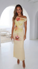 Lioraya Floral Off Shoulder Maxi Dress - Pale Yellow Multi