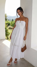 Sunbeam Tiered Lace Strapless Maxi Dress - White