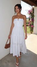 Sunbeam Tiered Lace Strapless Maxi Dress - White