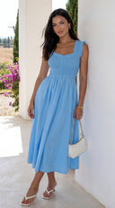 Bluebell Smocked Sweetheart Midi Dress - Blue