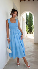 Bluebell Smocked Sweetheart Midi Dress - Blue