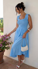 Bluebell Smocked Sweetheart Midi Dress - Blue