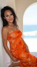 Pyralia Floral Ruched Tube Midi Dress - Orange
