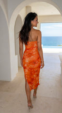 Pyralia Floral Ruched Tube Midi Dress - Orange