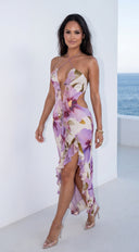Violessa Floral Ruffle Cutout Maxi Dress - Lavender Multi