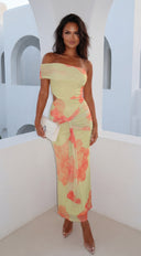 Petaluxe Off Shoulder Floral Print Maxi Dress - Light Green Multi