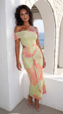 Petaluxe Off Shoulder Floral Print Maxi Dress - Light Green Multi