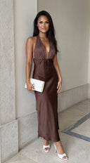 Mocha Muse Polka Dot Satin Maxi Dress - Brown