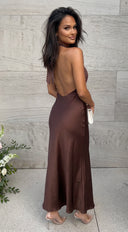 Mocha Muse Polka Dot Satin Maxi Dress - Brown