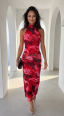 Sweet Escape Floral Print High Neck Maxi Dress - Red Multi