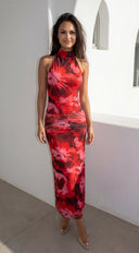 Sweet Escape Floral Print High Neck Maxi Dress - Red Multi