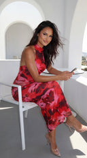 Sweet Escape Floral Print High Neck Maxi Dress - Red Multi