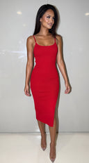 Sana Ribbed Side Slit Cami Midi Dress - Red