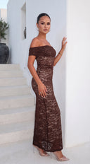 Florencia Lace Off-Shoulder Maxi Dress - Brown