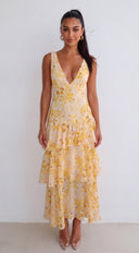Vallie Floral Ruffle Midi Dress - Yellow Multi