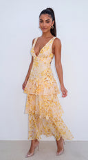 Vallie Floral Ruffle Midi Dress - Yellow Multi