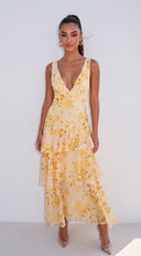 Vallie Floral Ruffle Midi Dress - Yellow Multi