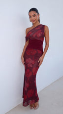 Mireva Floral One Shoulder Maxi Dress - Burgundy