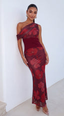 Mireva Floral One Shoulder Maxi Dress - Burgundy