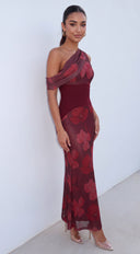 Mireva Floral One Shoulder Maxi Dress - Burgundy