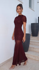 Novea Draped Mesh Maxi Dress - Maroon Red