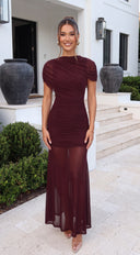 Novea Draped Mesh Maxi Dress - Maroon Red