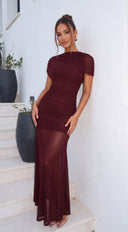 Novea Draped Mesh Maxi Dress - Maroon Red