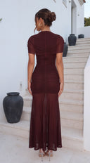 Novea Draped Mesh Maxi Dress - Maroon Red