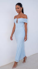 Calista Gold Detail Off Shoulder Maxi Dress - Blue