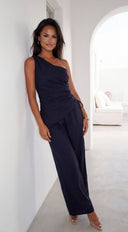 Caldera Linen One Shoulder Set - Navy Blue