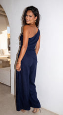 Caldera Linen One Shoulder Set - Navy Blue