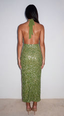 Vallen Sequin Side Slit Maxi Dress - Green