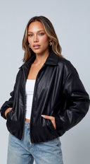 Brooklyn Faux Leather Puffer Bomber Jacket - Black